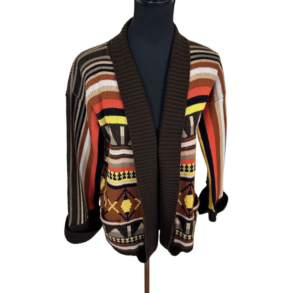 Vtg Kmart 1970s Brown Cardigan Sweater Aztec Geometric Large Orange Unisex